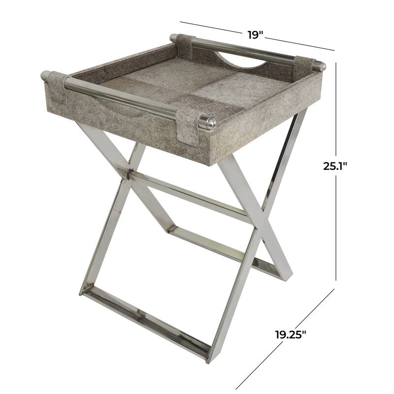 Gray Leather Tray Table Accent Table with Silver Legs and Handles