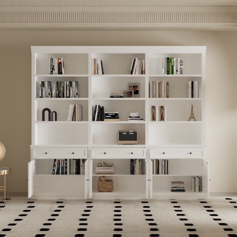 102.4" Large 6-Door Bookshelf w/Drawers Solid Pine Top Display Bookcase Bronze Handles White Storage Cabinet