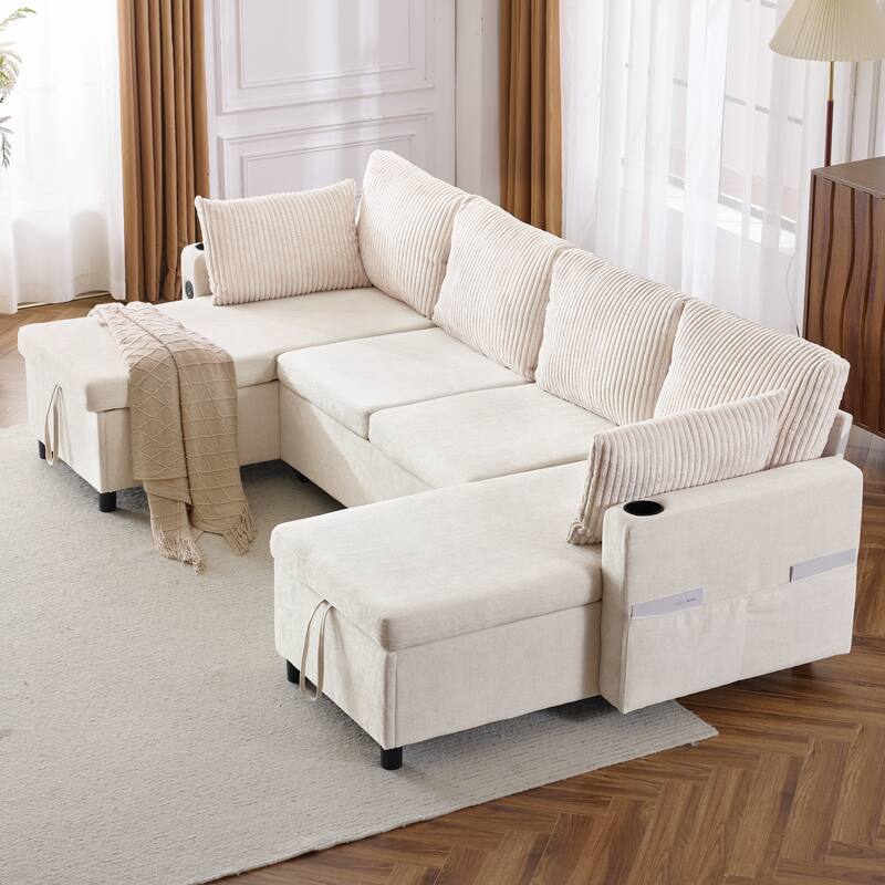 Sectional Sofa Pull-out Sofa Bed with Large Storage Space, 2 USB Ports and 2 Cup Holders Chenille Tufted Couch