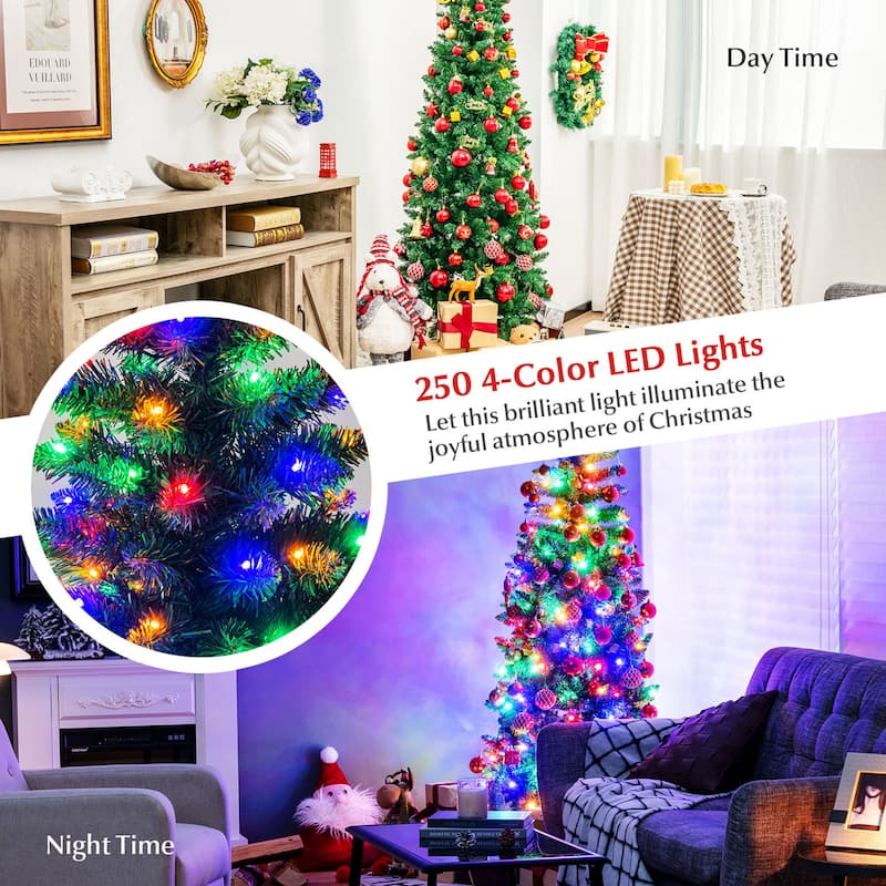 Gymax 6.5ft Pre-Lit Pencil Christmas Tree Hinged PVC Tree w/ 250