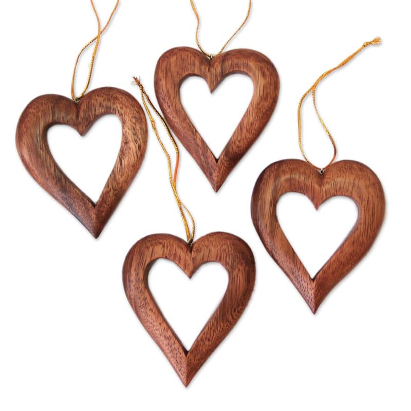 NOVICA Heart Grain, Wood ornaments (set of 4) - 3.5" L x 3.1" W x 0.6" D