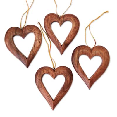 NOVICA Heart Grain, Wood ornaments (set of 4) - 3.5" L x 3.1" W x 0.6" D