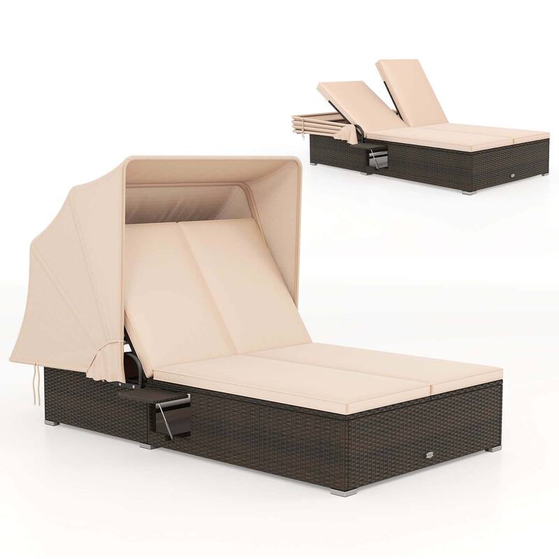 Costway 2-person Rattan Lounge Bed with Retractable Canopy 5-position - See Details