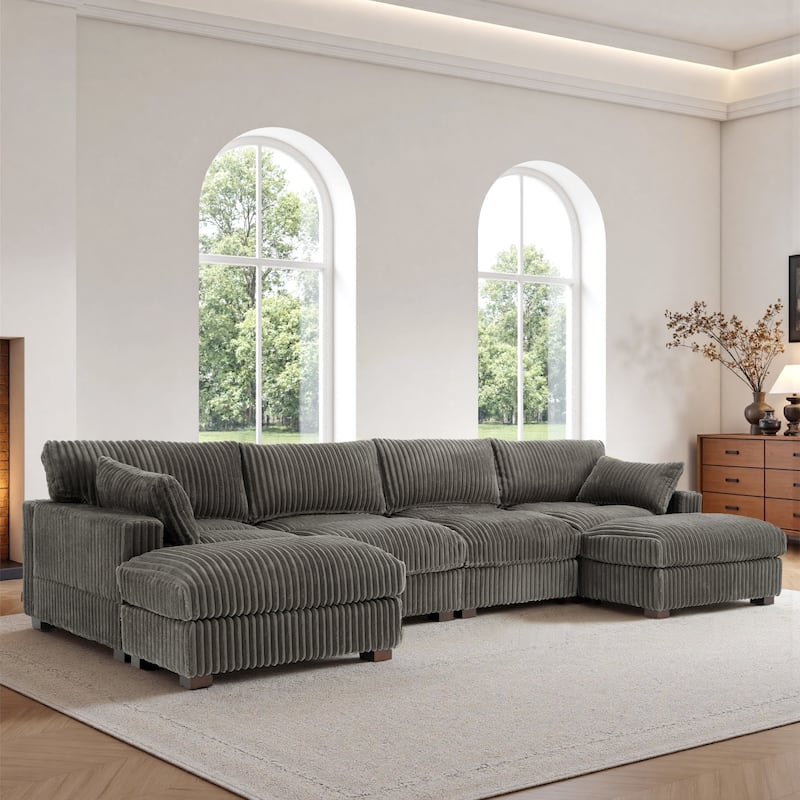Oversied Plush Corduroy Fabric Modular Sectional Sofa with Chaise, Ottoman - Right Facing - Light Grey-5 Pieces