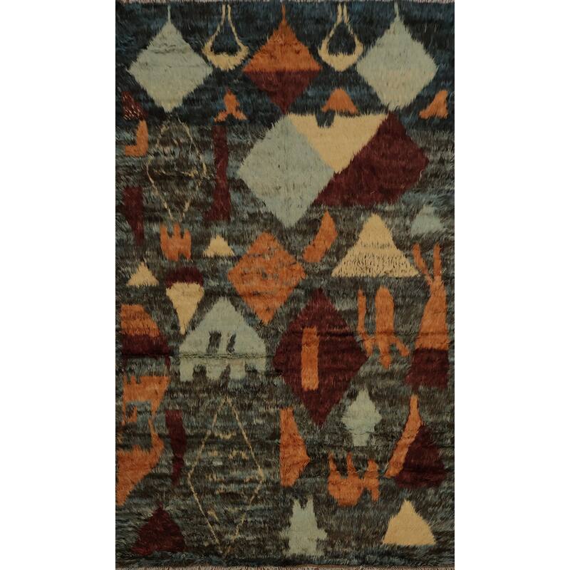 Hand Knotted Oriental 100% Wool Carpet Modern Tribal Multi-Colored Moroccan Area Rug - 9' 10'' X 6' 8''