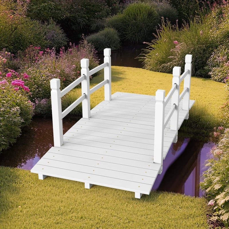 White Wooden Garden Bridge with Handrails - Durable & Weather-Resistant Outdoor Decorative Footbridge