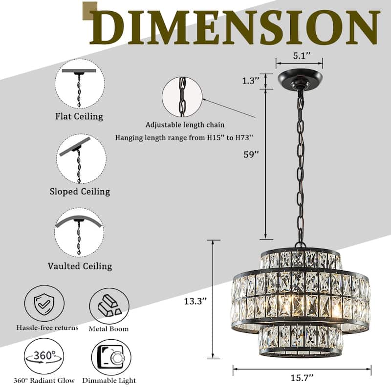 Modern Crystal Chandelier Matte Black Finish Tiered Drum Pendant Light for Small Spaces Dining Room Entryway