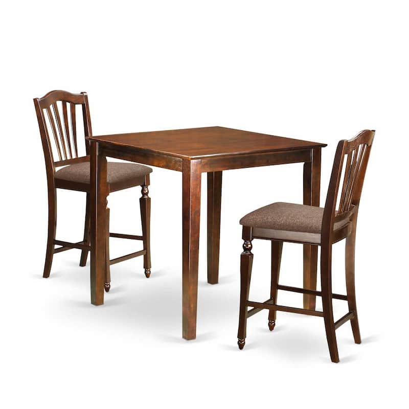 Counter Height Dining Set - 3 Piece Table & Chairs - Linen Upholstered Pub Table - 36x36 Inch Mahogany