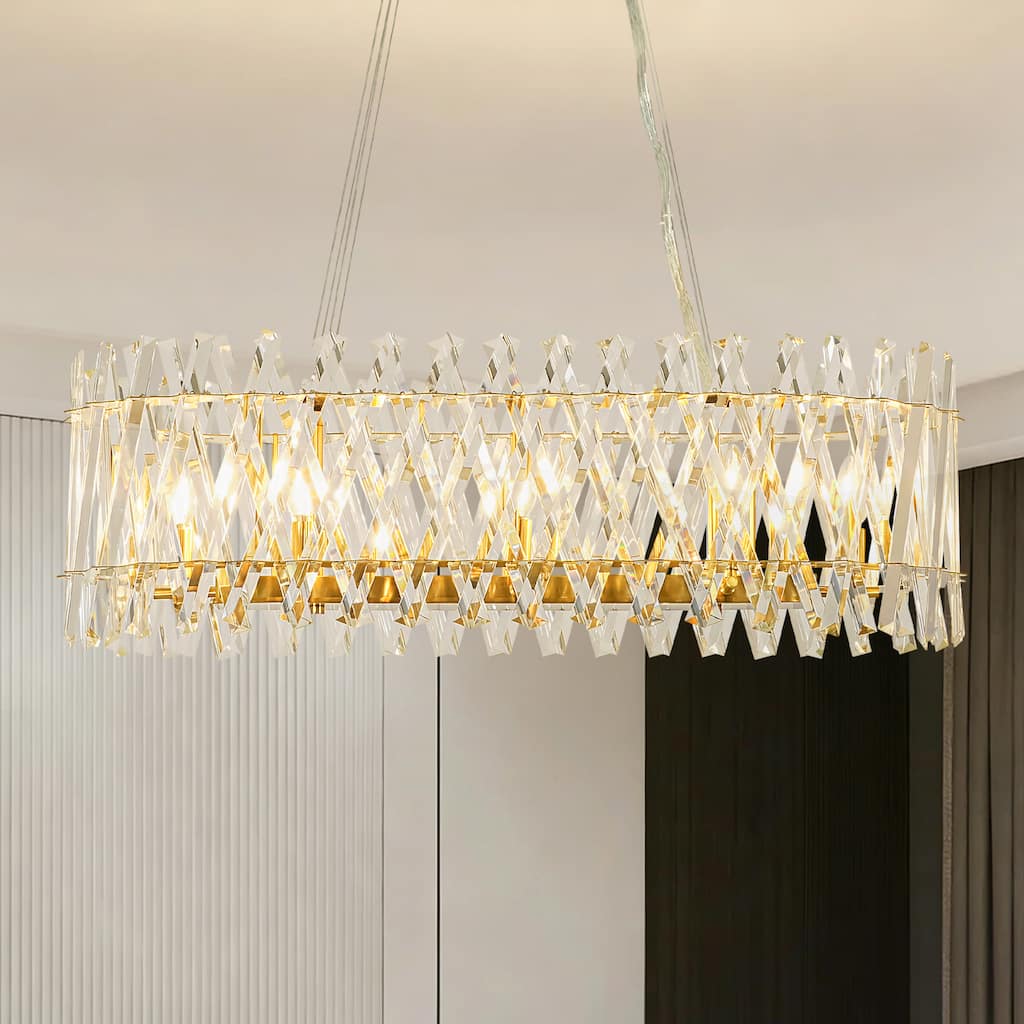 8-Light Brushed Gold Modern Luxury Iron & Cut Glass Chandelier Light with Adjustable Height for Living & Dining Rooms