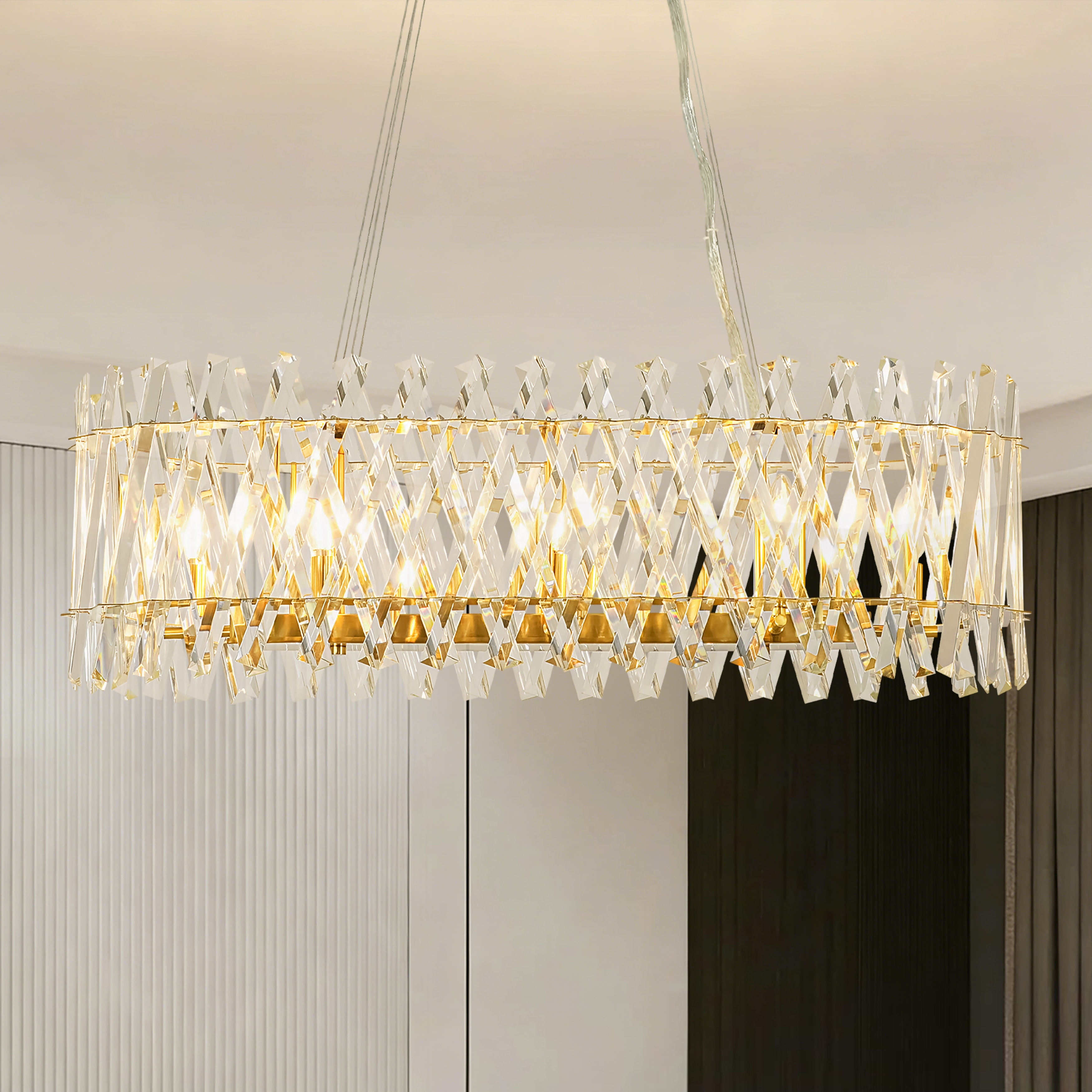 Rennnsan 8-Light Brushed Gold Modern Luxury Iron & Cut Glass Chandelier Light with Adjustable Height for Living & Dining Rooms