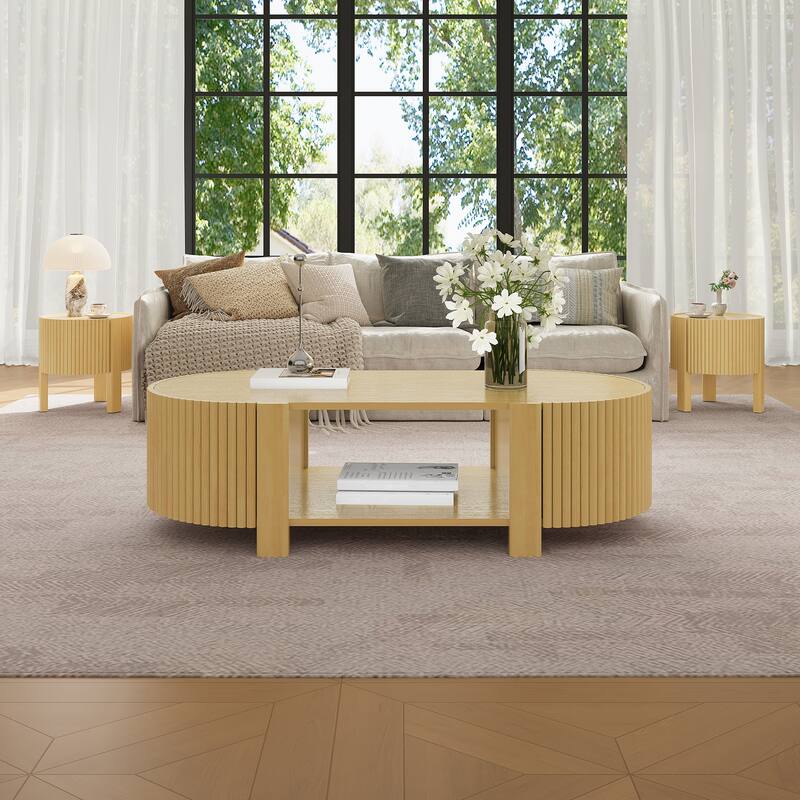 47" Coffee Table for Living Room, Wood Center Table, Tea Table, Storage Table with Sliding Doors, Modern Oval End Table