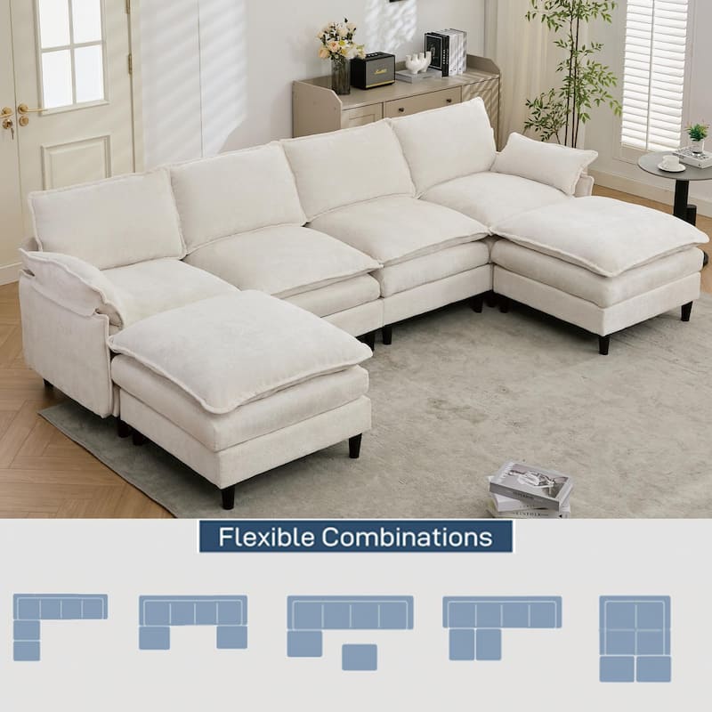 121.5" Chenille U-Shaped 6-Seater Sectional Sofa with 2 Movable Ottomans and 6 Pillows