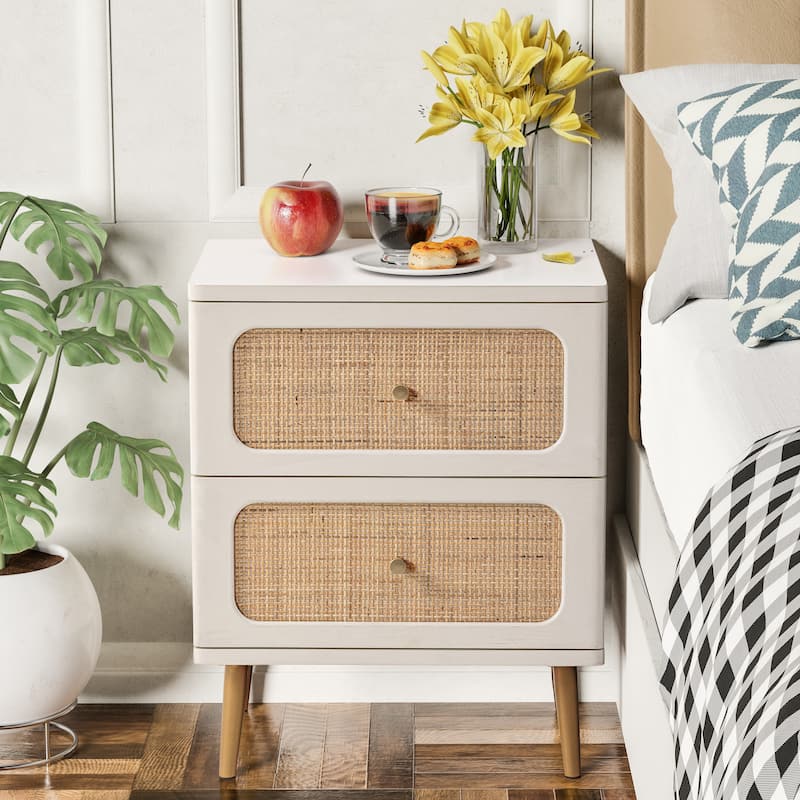 COZAYH Farmhouse Wicker Rattan Nightstand, Boho Mid-Century Coastal Wooden Bedside Table, Wooden Storage Cabinet