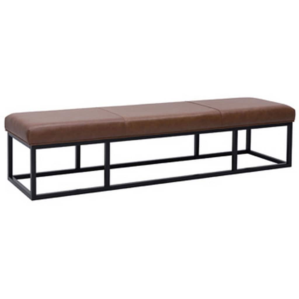 Accent Bench, 71 Inch, Black Metal, Brown Genuine Leather Cushioned Seat