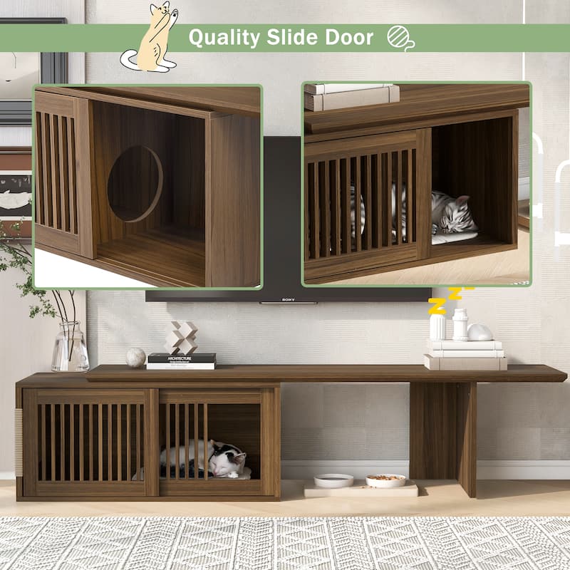 2 in 1 Cat TV Stand Entertainment Center with Extendable Table, Litter Box Enclosure with Cat Scratcher