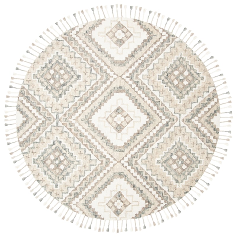 SAFAVIEH Handmade Aspen Ksenia Moroccan Boho Wool Tassel Rug - 5' Round - Taupe/Ivory
