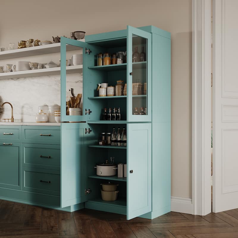 Palace Imports 100% Solid Wood 32" Pantry Cabinet with Clear Glass, Shaker Doors and Adjustable Shelves