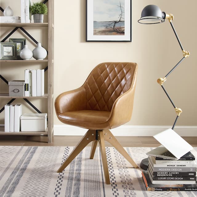 Modern Home Office Swivel Arm Accent Chair with Wood Legs - Light Brown