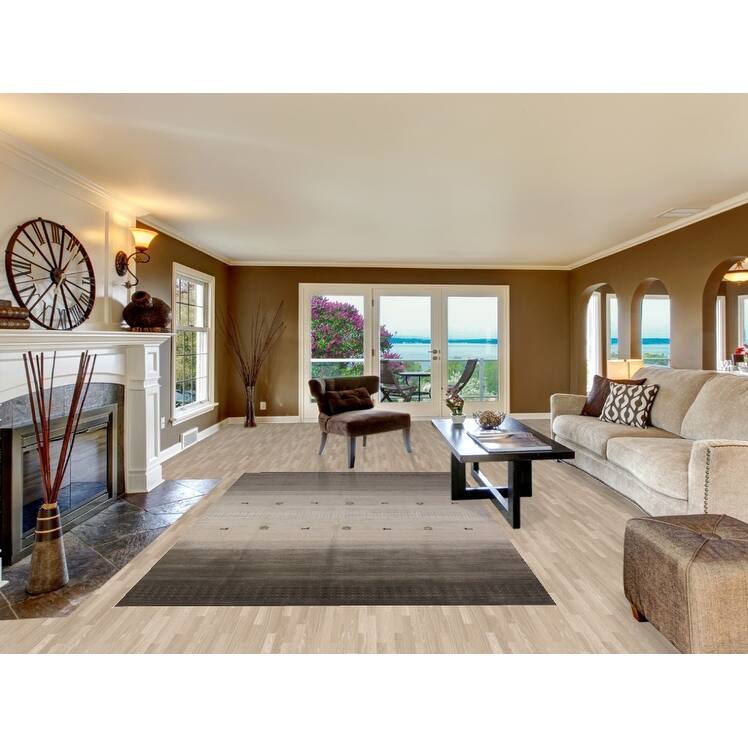 Striped Tribal Gabbeh Oriental Rug Hand-Knotted Beige Wool Carpet - 6'0" x 9'8"