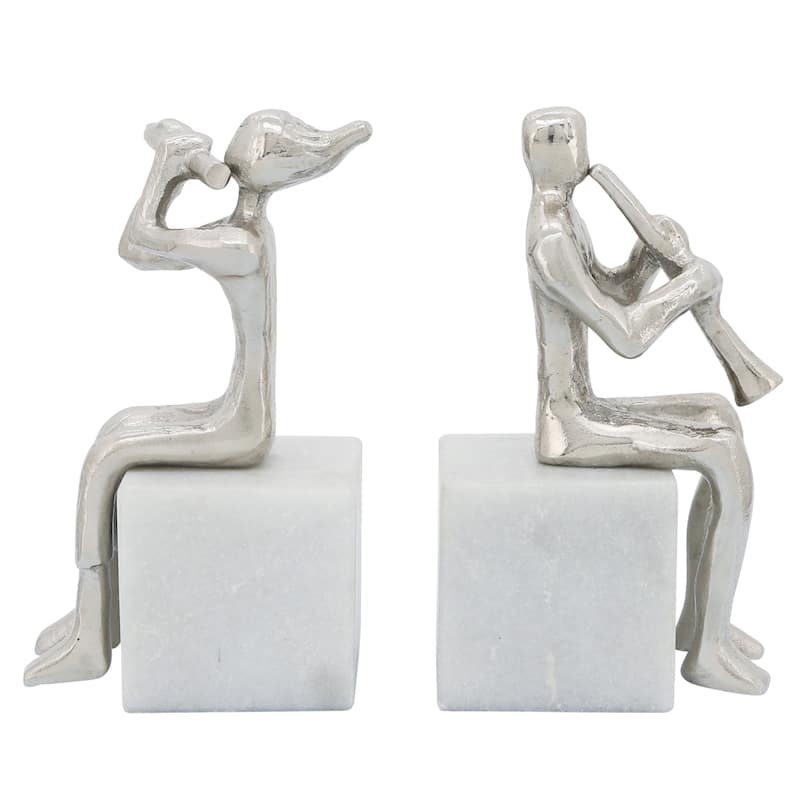 Decorative Metal Musicians on Marble Bases Bookends - 8", Silver - 8.0"