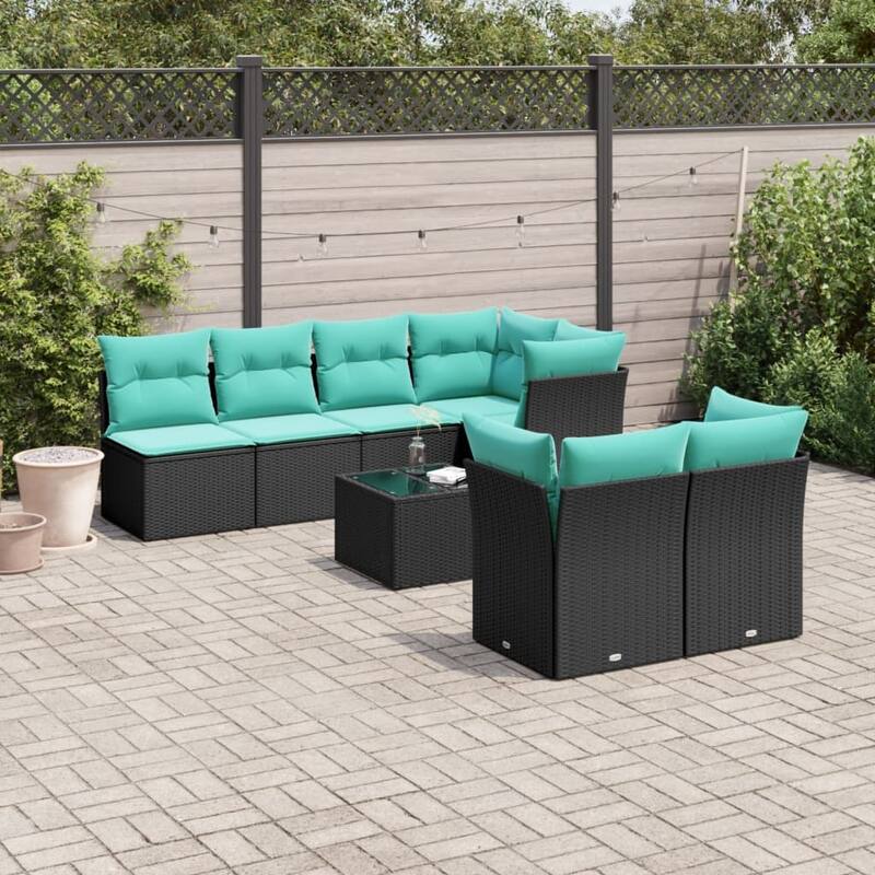 vidaXL 8 Piece Patio Sofa Set with Cushions Black Poly Rattan - Black - Table + 3x middle + 4x corner - 116.9x27.2x70.5