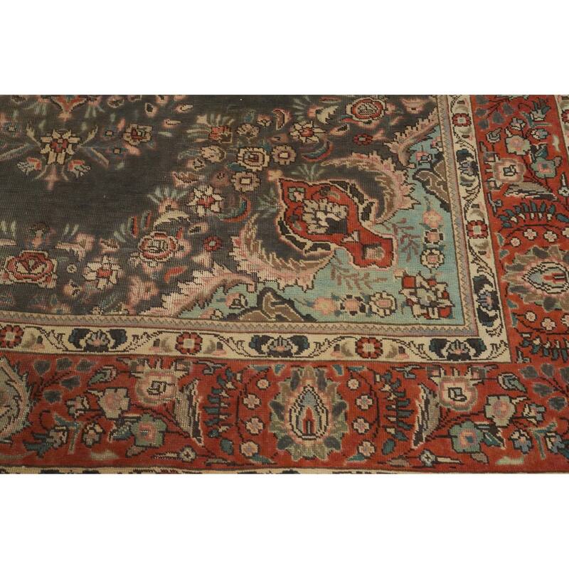 Hand Knotted Oriental 100% Wool Carpet Traditional Floral Greys & Charcoal Tabriz Area Rug - 10' 1'' X 7' 3''