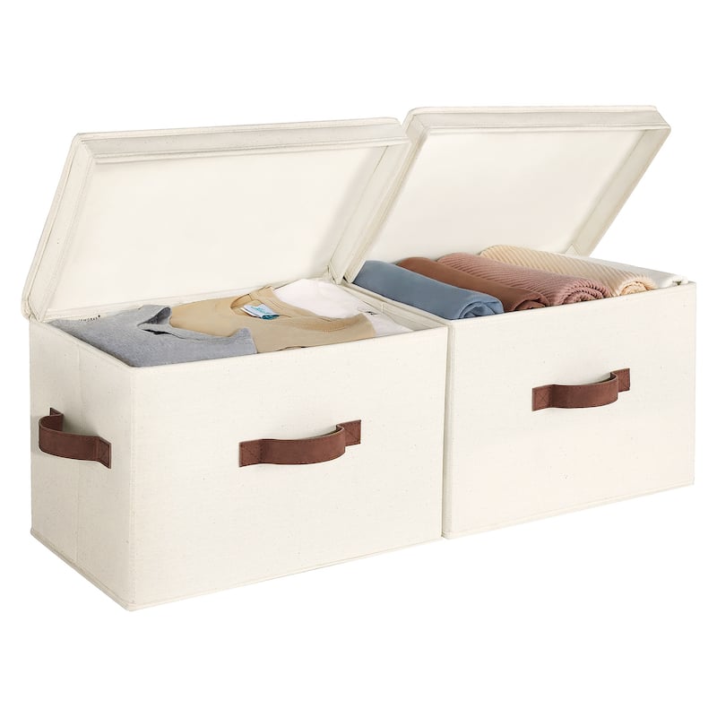 2-Pack Closet Storage Bin with Lid and Handle, Large Fabric Storage Box for Clothes, Towels, Toys, Shoes - Medium - Beige