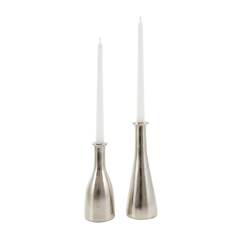 Silver Aluminum Metal Candle Holder with Varying Shapes (Set of 2)