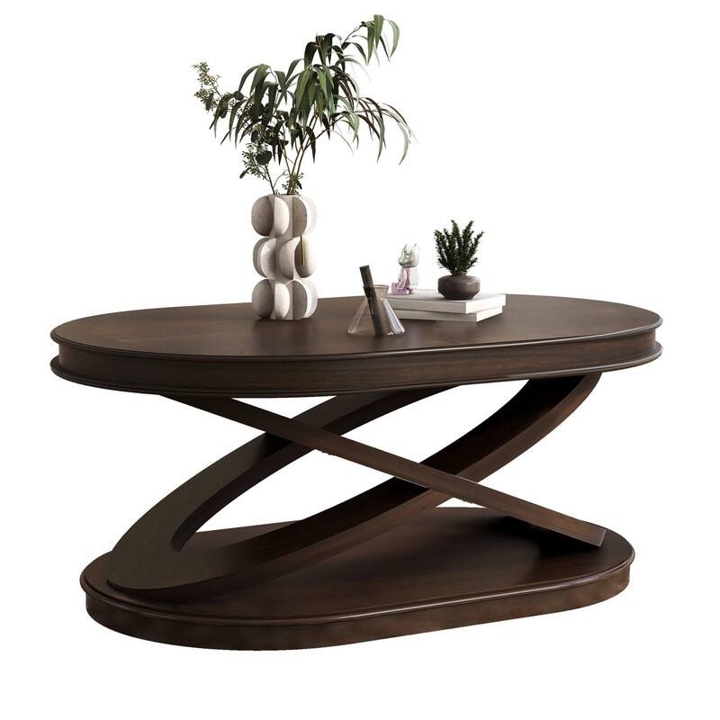 Solid Wood Oval Coffee Table with X-Shaped Base for Living Room Use