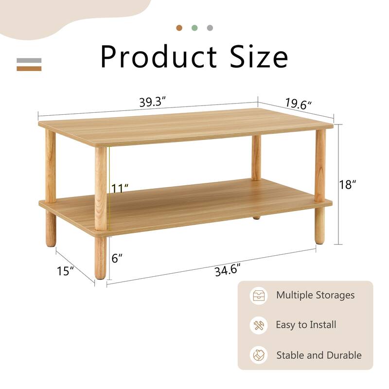 Modern 2-Tier Coffee Table Rectangular Center Table with Open Storage Shelf