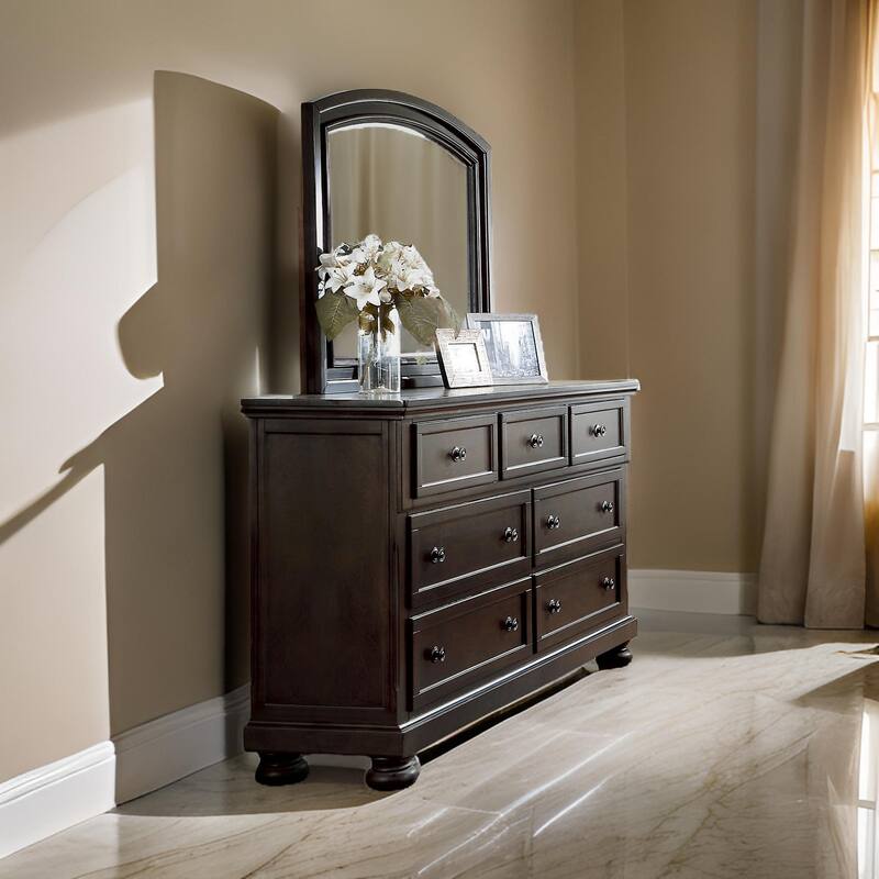Traditional Style Wooden Frame Dresser Mirror with Curved Top, Black