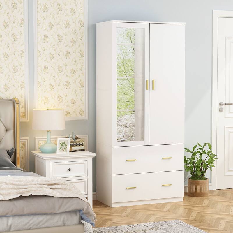 31.5"W x 72"H Two Door Wardrobe With Mirror White/Dark Brown Armoires - 31.5"W x 72"H - White