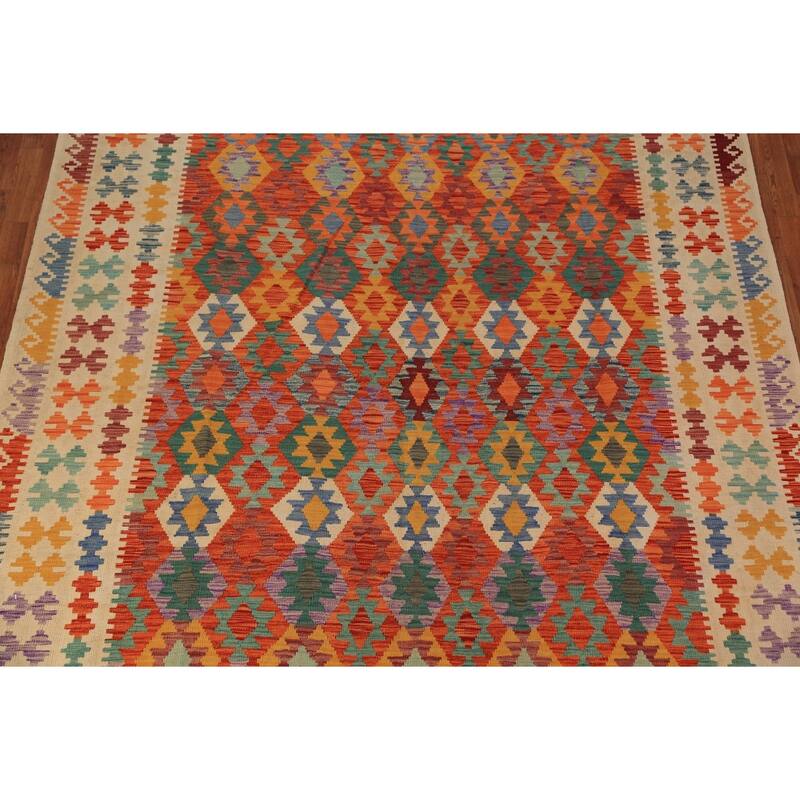 Reversible Kilim Oriental Area Rug Hand-Woven Wool Carpet - 8'1" x 10'4"