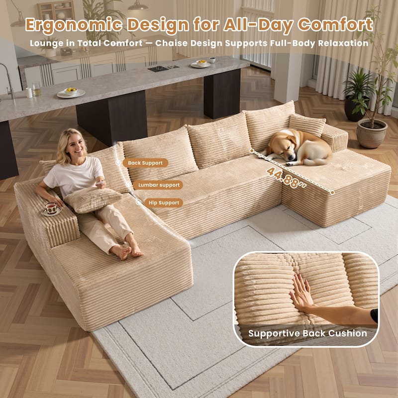 HOOOWOOO Modern Push Corduroy Fabric Sectional Sofa Couch with Pillows