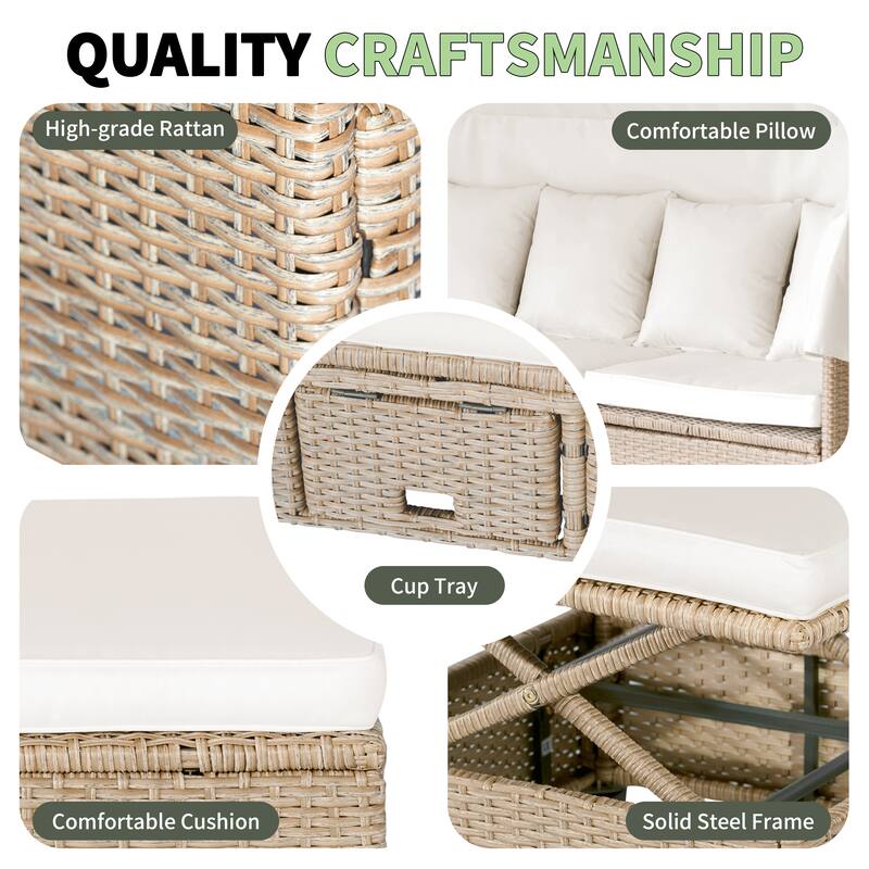 4-Piece Outdoor Wicker Patio Sofa Set with Retractable Canopy,Adjustable Table & Ottomans,UV-Resistant Cushions for Lounge