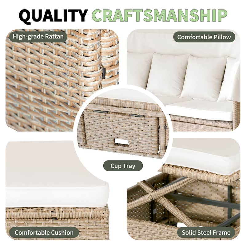 4 Piece UV-Proof Resin Wicker Patio Sofa Set with Retractable Canopy, Cushions & Lifting Table, Beige