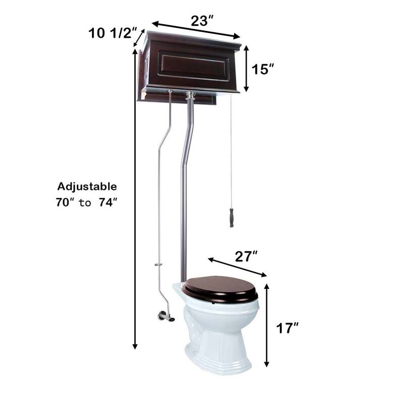 Dark Oak Wooden High Tank Toilet Raised Tank, Elongated White Bowl and Satin L Pipes - White