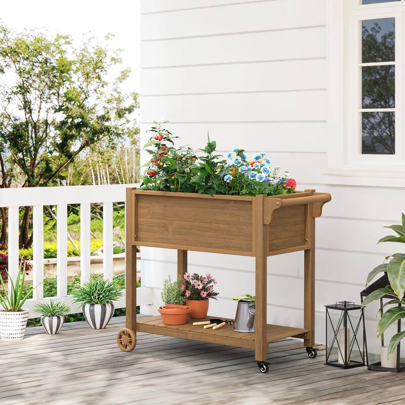 Outdoor Garden Bed Patio Plastic Raised Planter Box with Universal Wheels and Storage Shelf - Teak Brown