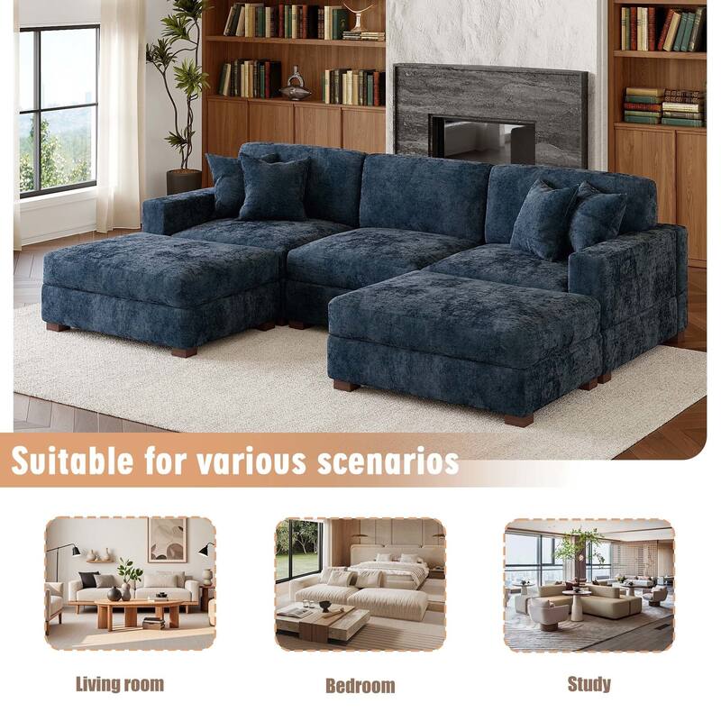 Oversized Chenille Modular Sectional Sofa Conversation Set with 2 Ottomans