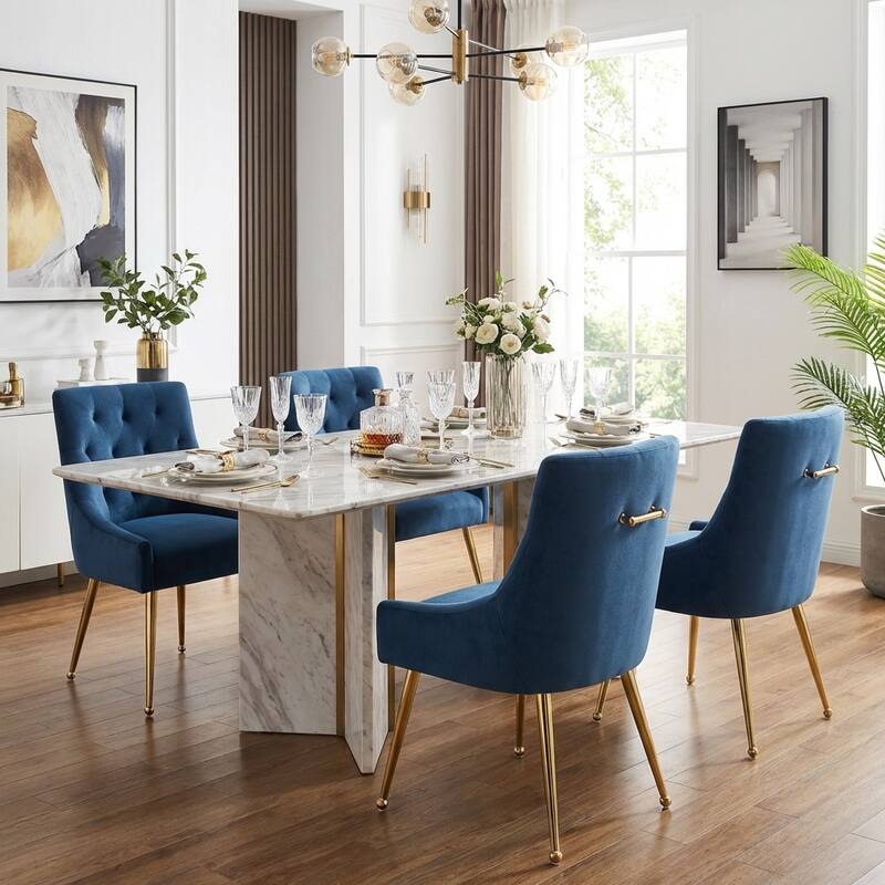 Modern Velvet Dining Chairs Set of 4, Upholstered Accent Chair Tufted Back Armless Chair with Back Pull - Navy