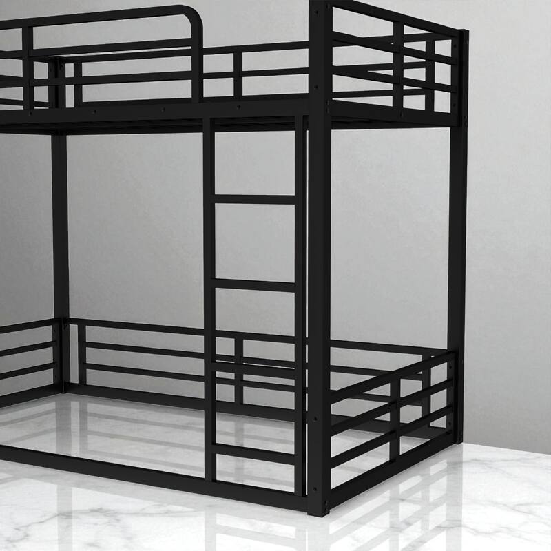 Metal Bunk Bed Twin XL/Full XL Over Full XL, Floor Bunk Frame with Guardrails, Heavy-Duty Noise-Free Design