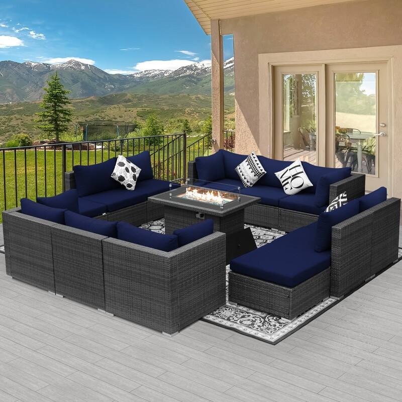 FINCATI 13 Piece Outdoor Patio Conversation Set with 43 Inch Fire Pit - Navy Blue