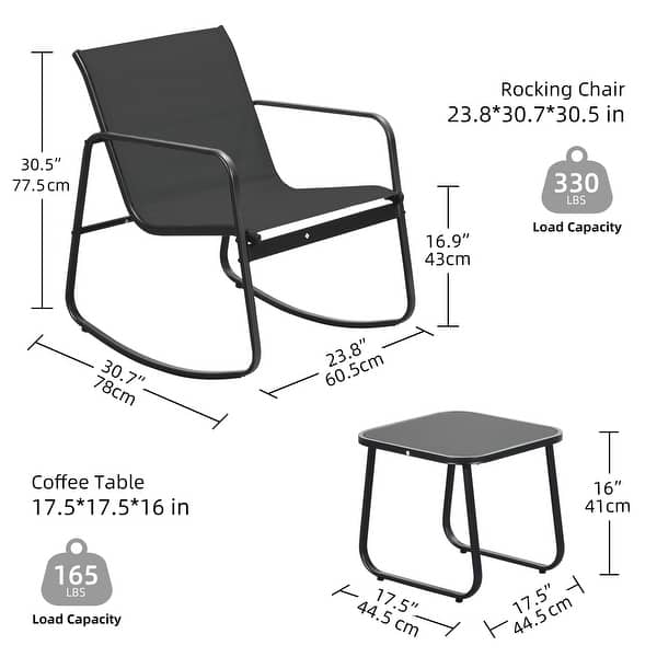 dimension image slide 1 of 4, Moasis 3 Piece Rocking Patio Furniture Bistro Set with Chairs and Glass Table