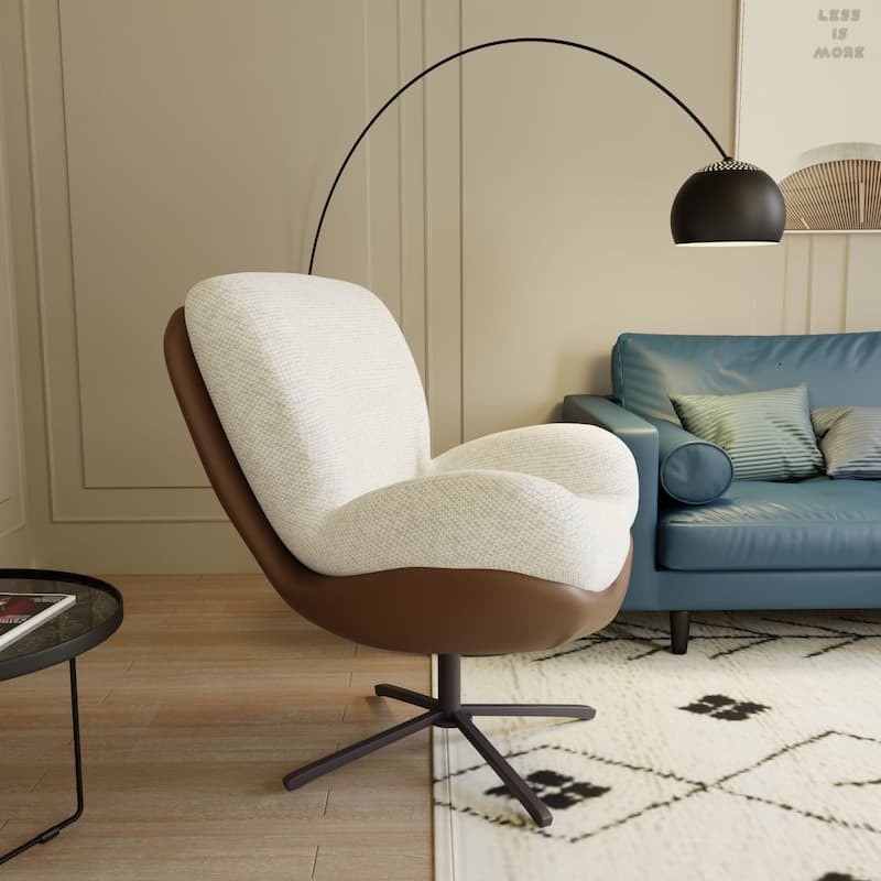 Chenille & Faux Leather Swivel Accent Chair,Comfy 360°Swiveling Lounge Chair with Black Metal Base