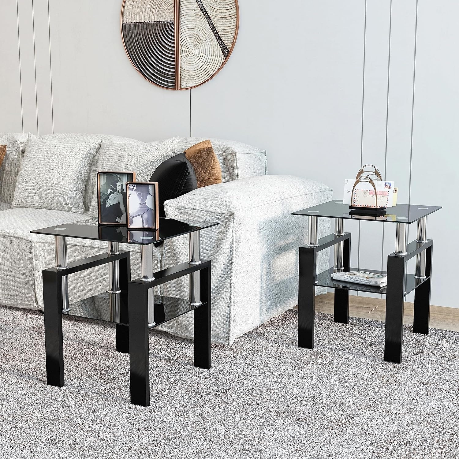 Set of 2 Modern Black Metal Frame Glass Top Square Side Tables for Living Room and Bedroom