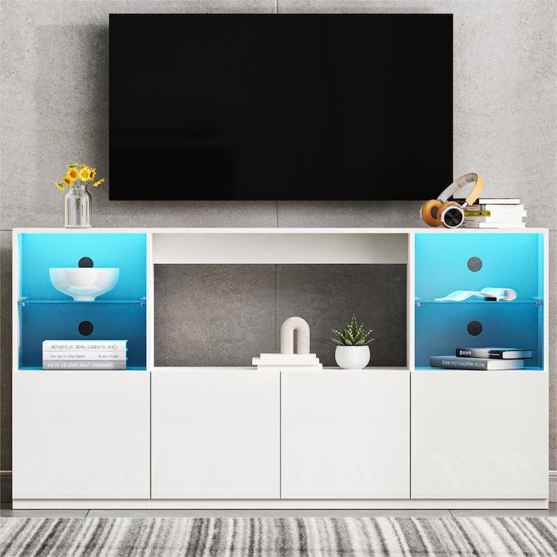 67" TV Stand with LED, Large Cabinet & Tempered Glass Shelves for TVs Up to 75"