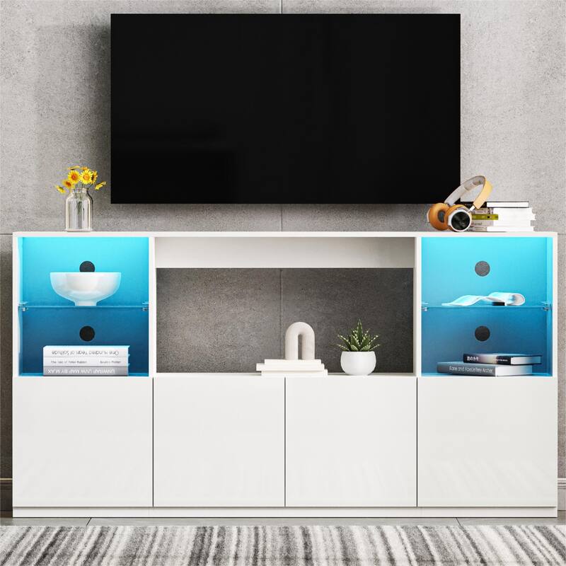 Modern High-Gloss TV Stand for TVs up to 75" with LED Lights, Large Storage Cabinet and Tempered Glass Shelves, White