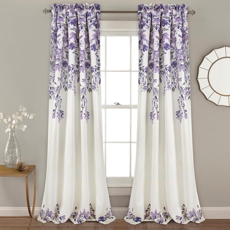 Porch & Den Elcaro Floral Room Darkening Curtain Panel Pair - 52"W x 95"L - Purple & White
