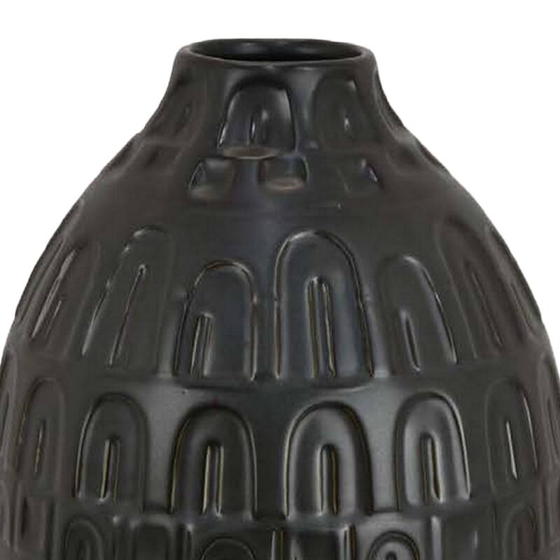 Sheena Vase, Black Ceramic, Narrow Mouth and Embossed Pattern, 17 Inch