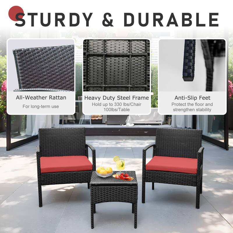 Outdoor Furniture 3 Piece Patio Bistro Furniture Set, Rattan Conversation Chairs Set with Side Table and Cushions